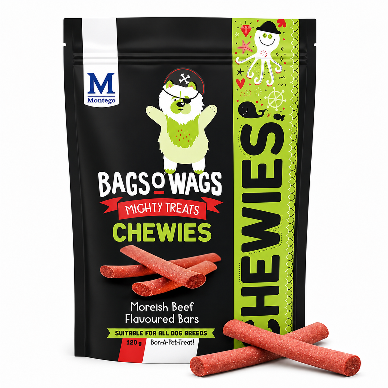 Bags O’ Wags Mighty Treats Chewies – Moreish Beef Flavoured Bars (120g)