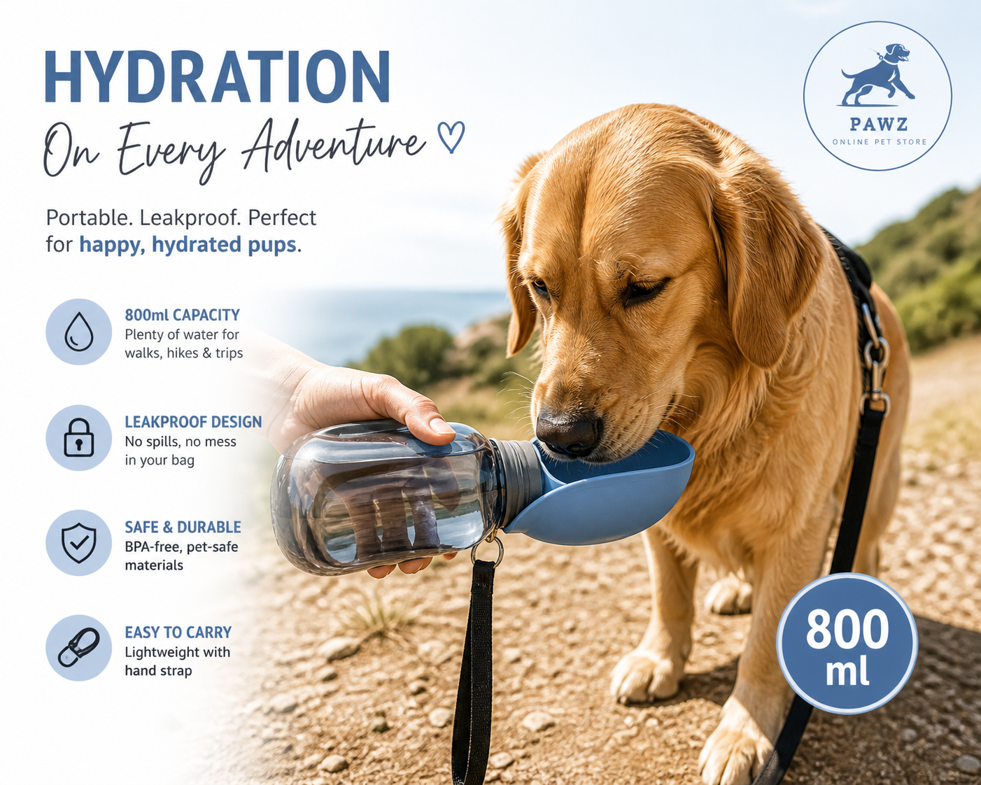 Pawz 800 ml Portable Dog Water Bottle – Leakproof Travel Drinking Bottle
