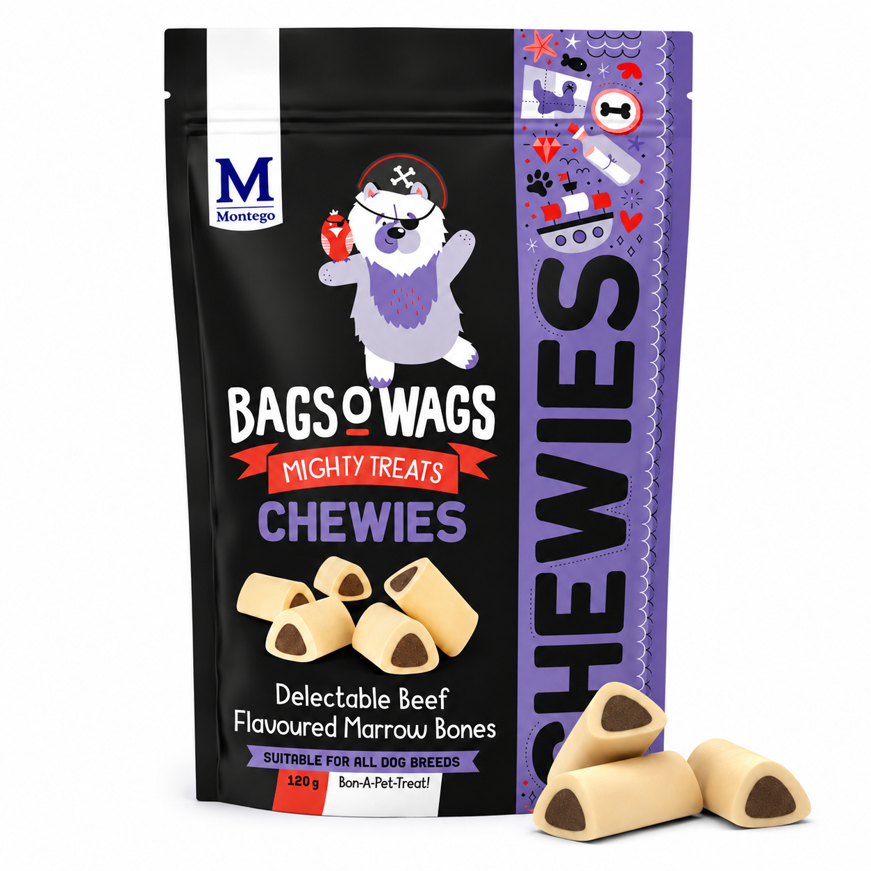 Bags O’ Wags Mighty Treats Chewies – Beef Flavoured Marrow Bones (120g)