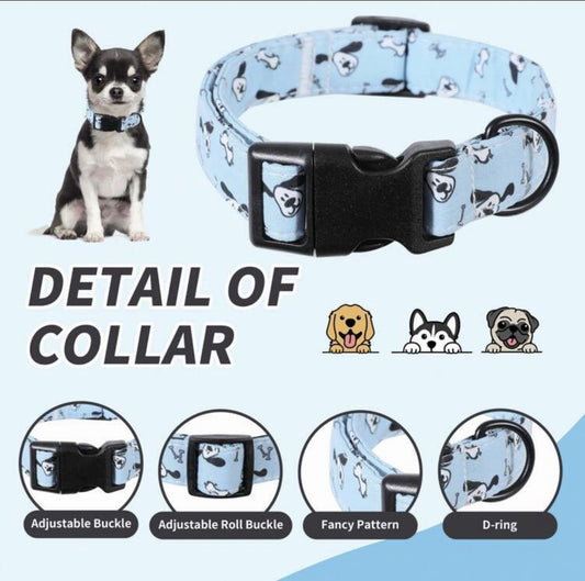 🐾 Adjustable Dog Collar – Blue Dog Print