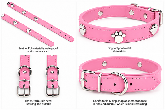 PU Leather Dog Collar with Silver Paw Print Details