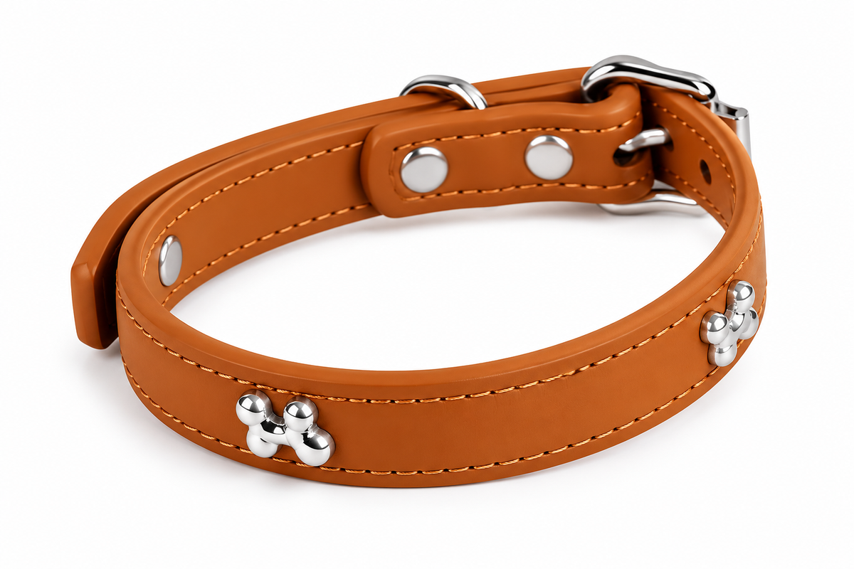 PU Leather Dog Collar with Silver Paw Print Details