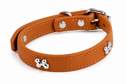 PU Leather Dog Collar with Silver Paw Print Details