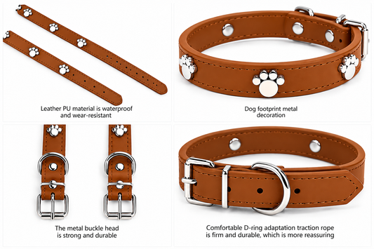 PU Leather Dog Collar with Silver Paw Print Details