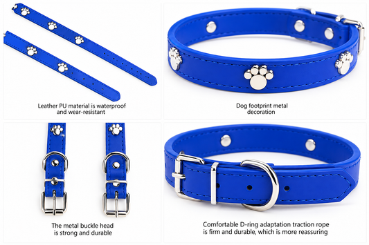 PU Leather Dog Collar with Silver Paw Print Details