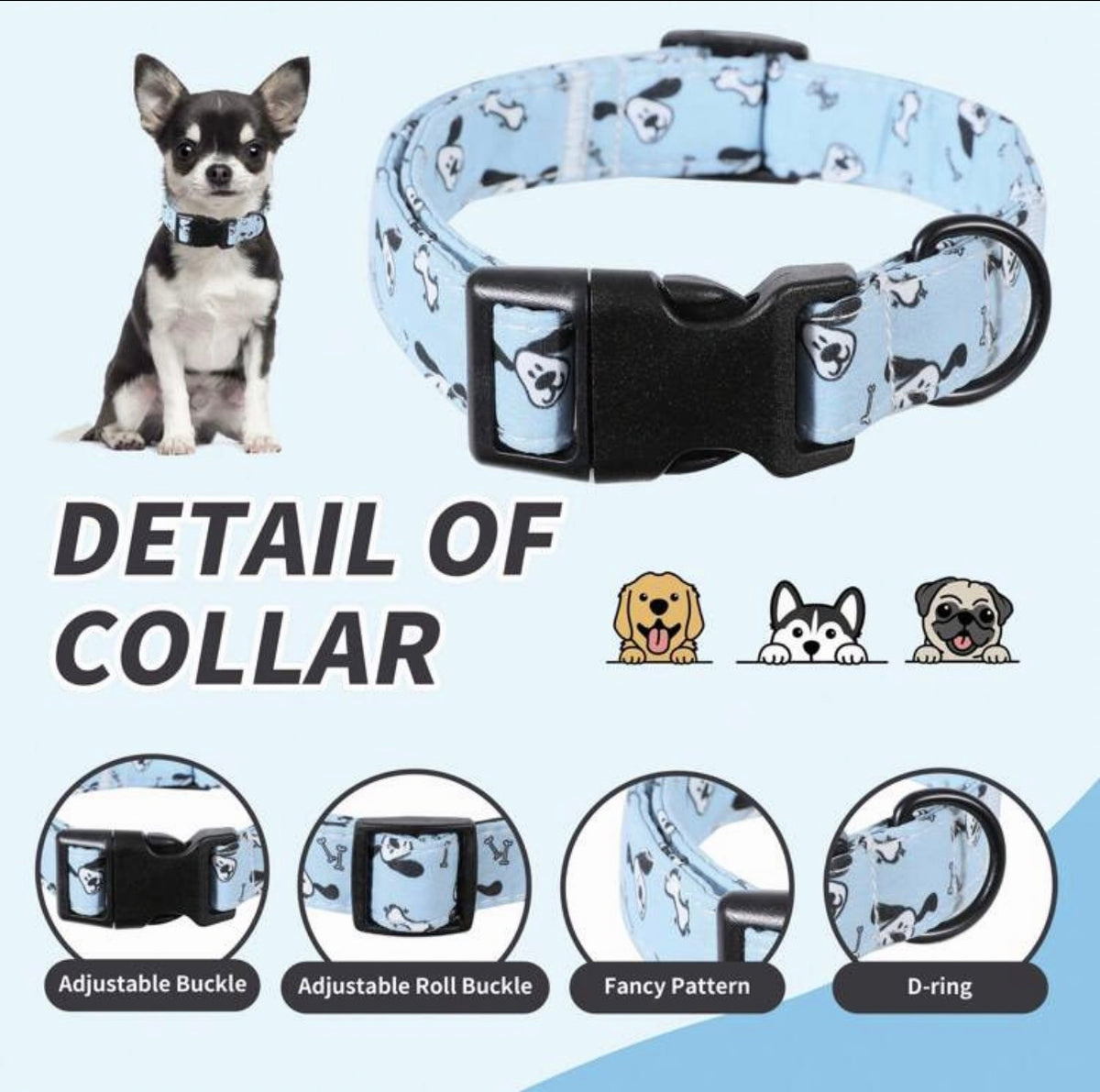 🐾 Adjustable Dog Collar – Blue Dog Print