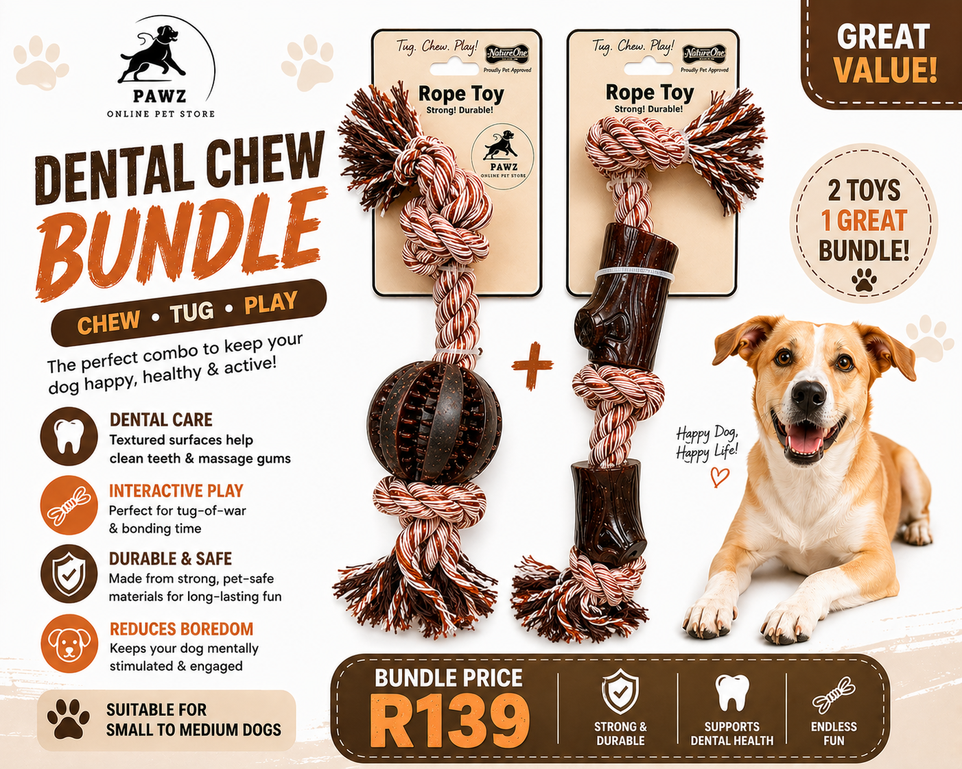 Pawz Dental Chew Rope Bundle – Ball Rope + Bone Tug Toy