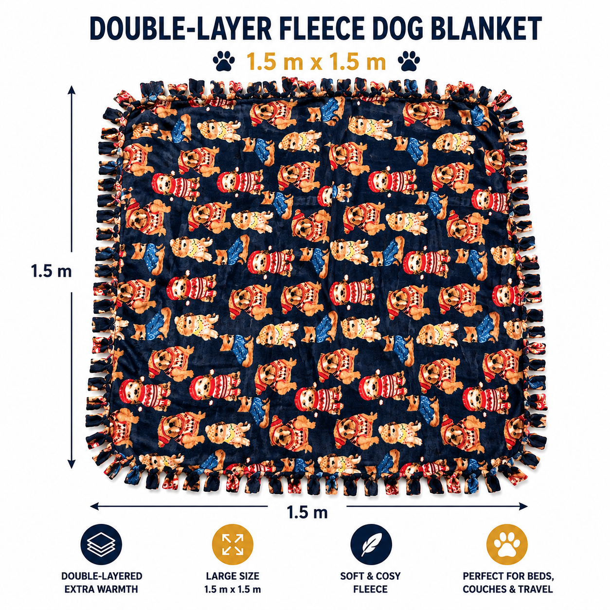 Double-Layer Fleece Dog Blanket – 1.5 × 1.5 m
