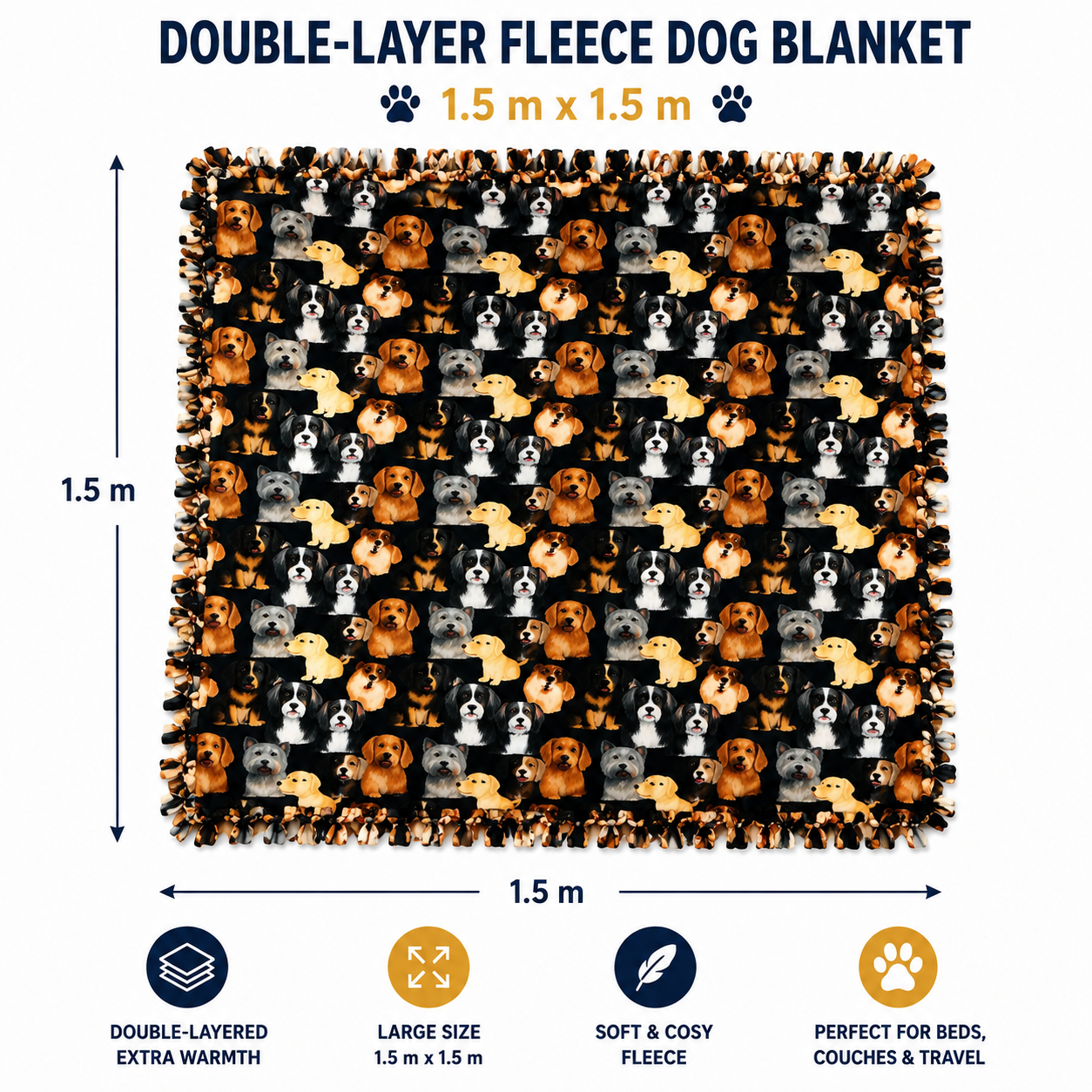 Double-Layer Fleece Dog Blanket – 1.5 × 1.5 m