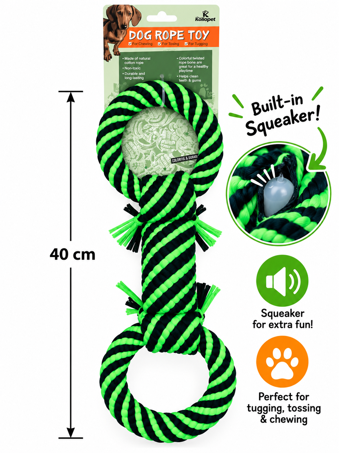 🐾 Double Loop Rope Dog Toy – Green & Black