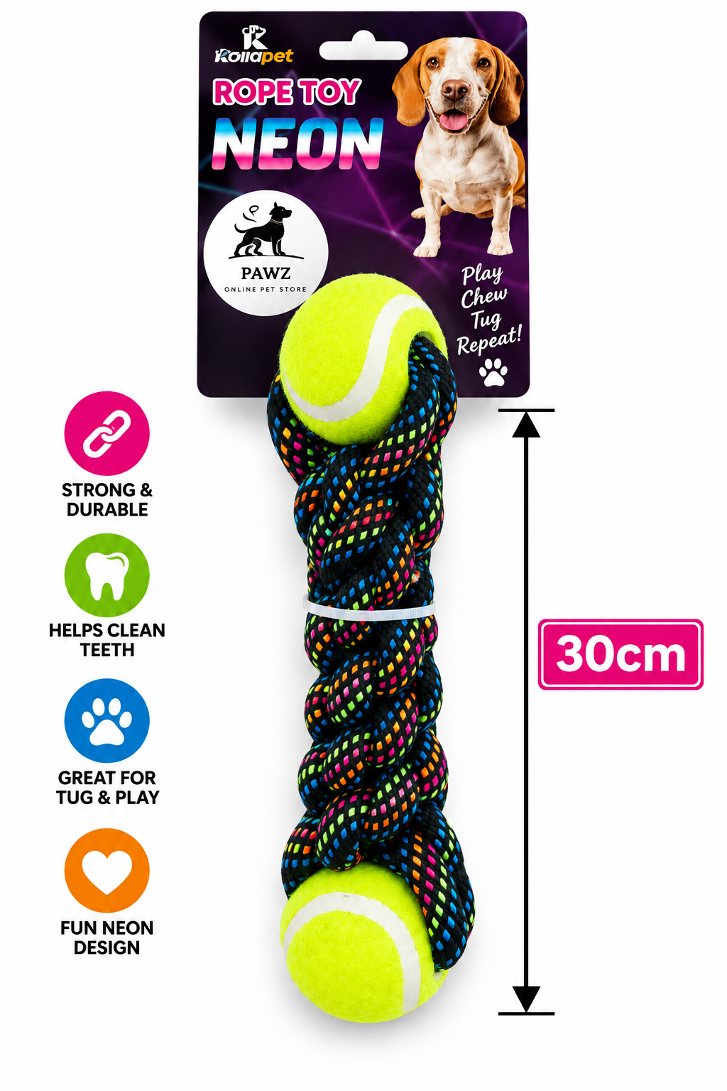 🐾 Neon Double Tennis Ball Rope Toy – Approx. 30cm