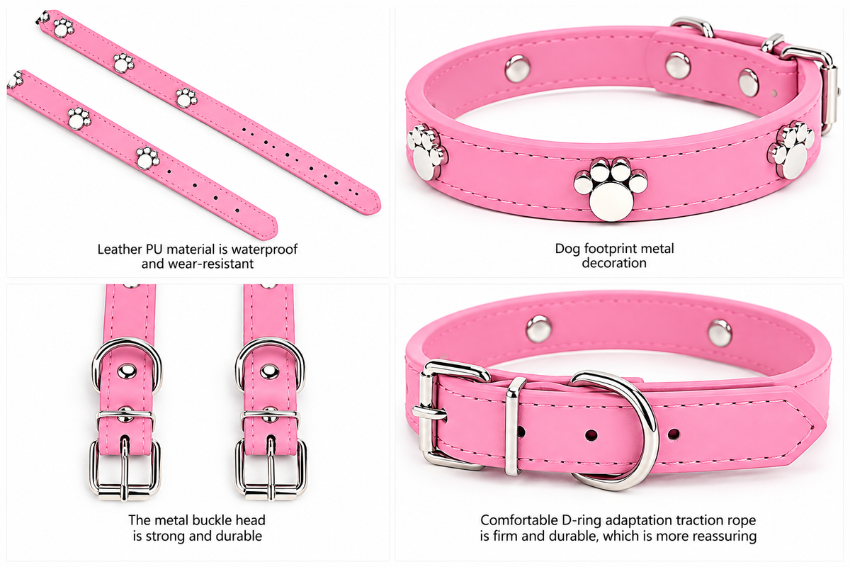 PU Leather Dog Collar with Silver Paw Print Details