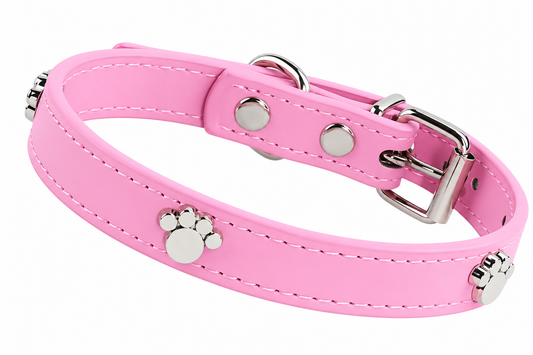 PU Leather Dog Collar with Silver Paw Print Details