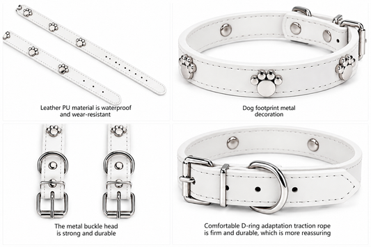 PU Leather Dog Collar with Silver Paw Print Details