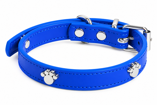 PU Leather Dog Collar with Silver Paw Print Details